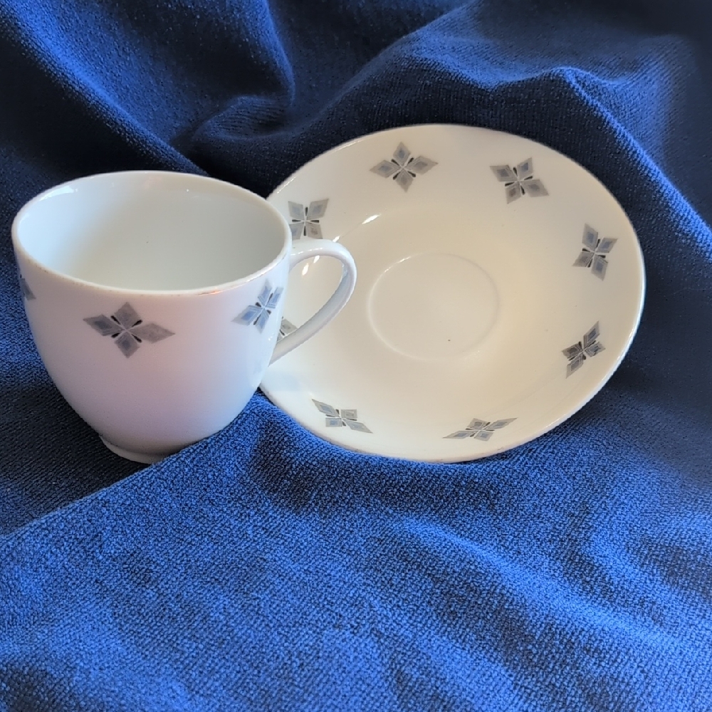 White Cup and Saucer with Gray Pattern